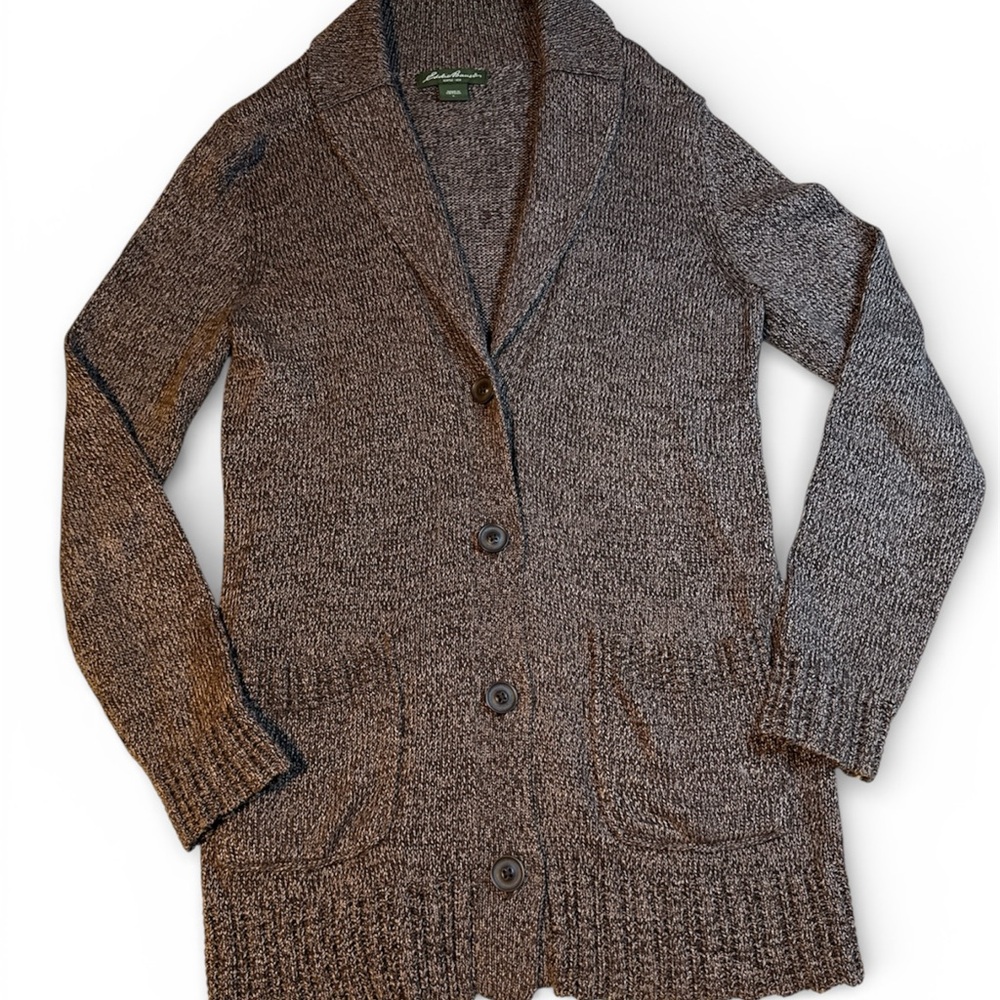 Eddie Bauer Women’s Brown Longline Cardigan Size L Button Front Pockets - Picture 4 of 9